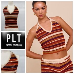 PRETTYLITTLETHING Striped Crochet Halter Neck Crop Top Multi XS